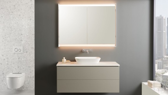 Lavabo sobre encimera Geberit ONE con mueble bajo en greige Lavabo sobre encimera Geberit ONE con mueble bajo en greige